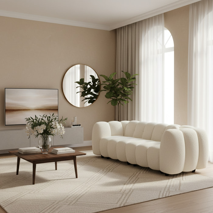 Canapé 3 places coquillage en bouclette blanc L 221 x P 100 x H 76cm - Perla