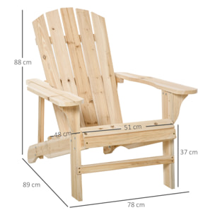 Silla Adirondack de Madera Silla de Jardín con Asiento Extra Ancho Carga 150 kg para Patio Terraza Balcón 78x89x88 cm Natural