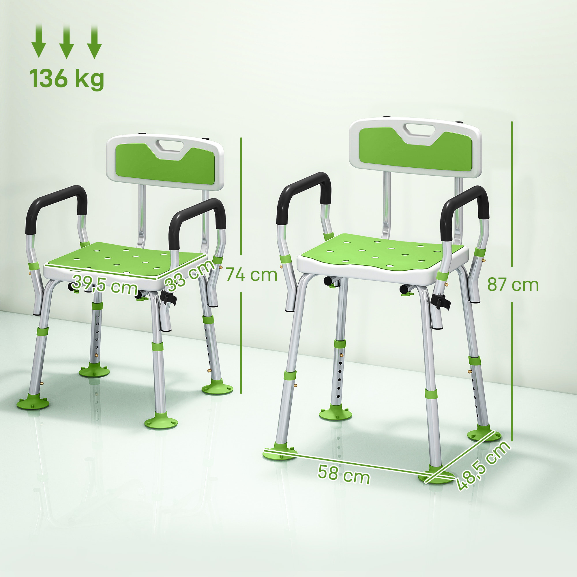 Chaise de douche siège de douche ergonomique hauteur réglable pieds antidérapants charge max. 136 Kg alu HDPE blanc vert