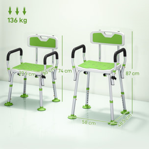 Chaise de douche siège de douche ergonomique hauteur réglable pieds antidérapants charge max. 136 Kg alu HDPE blanc vert