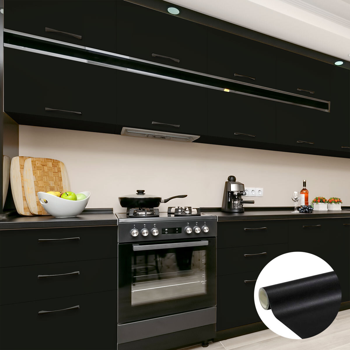 Rouleau adhésif décoratif Vinyle au Mètre - Noir - Sticker Lavable Imperméable Mur Cuisine Meubles