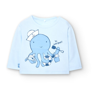 Camiseta bebÃ© niÃ±o, algodÃ³n, estampado, mangas largas, azul