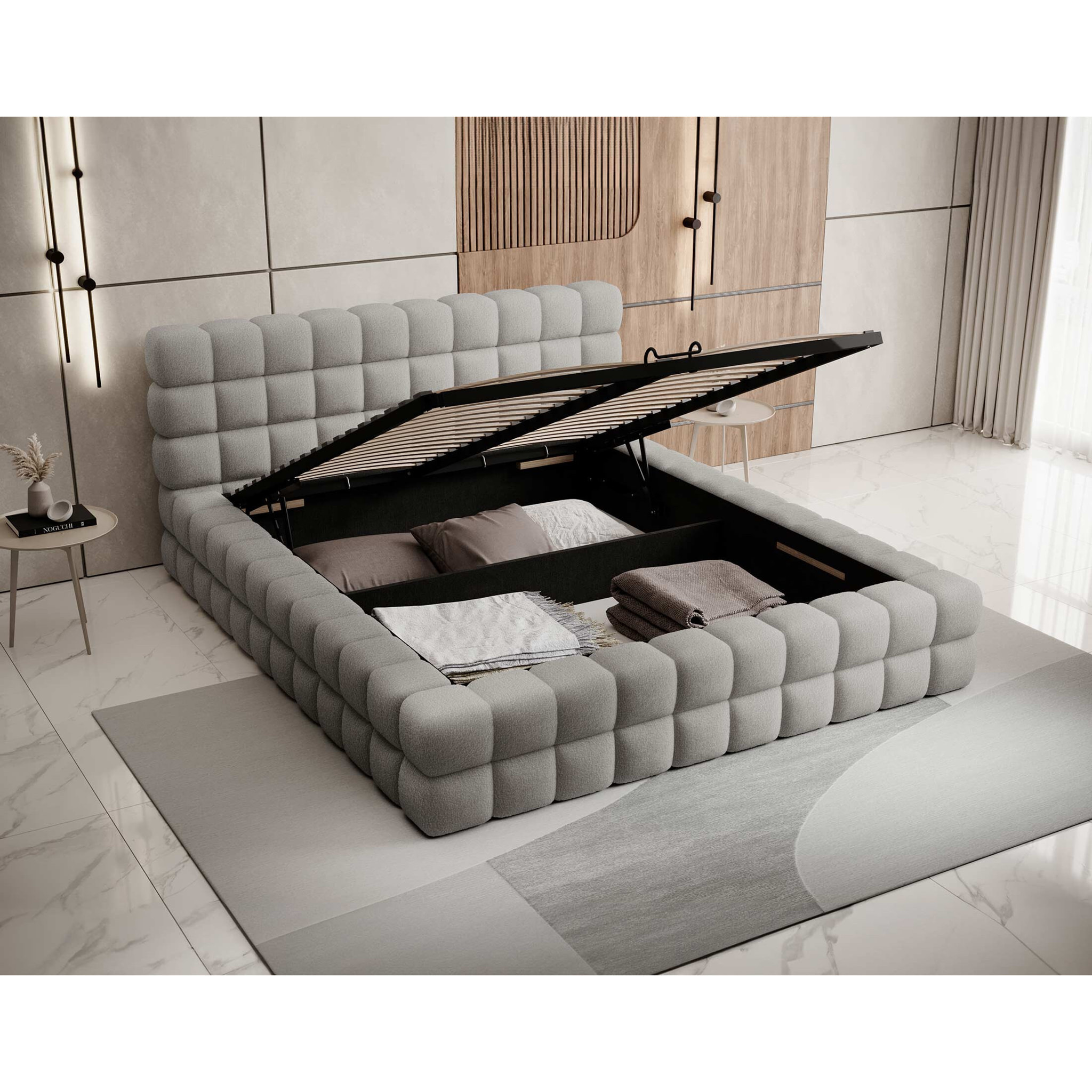 Kingston - lit coffre - 160x200 - sommier inclus - en tissu bouclette - Gris