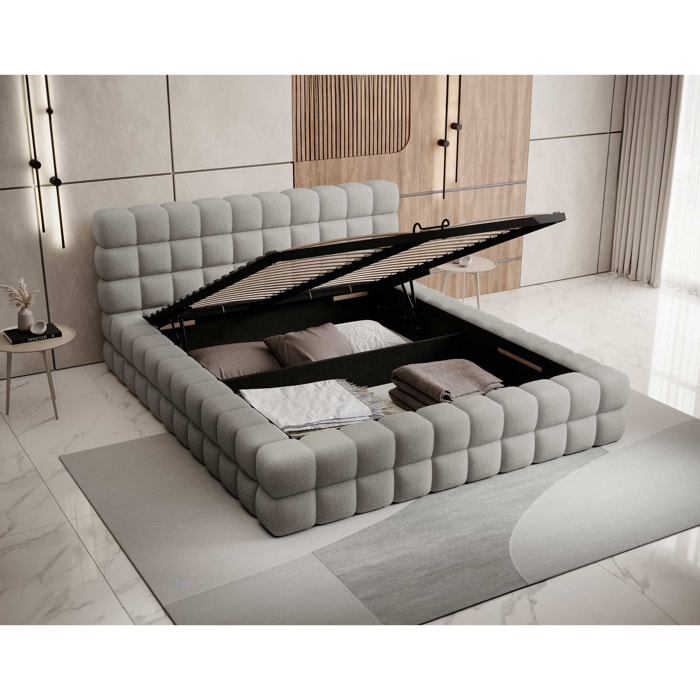 Kingston - lit coffre - 160x200 - sommier inclus - en tissu bouclette - Gris