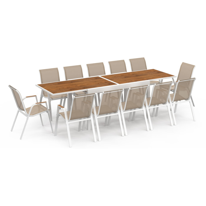Ensemble repas extensible Timbia 12 places blanc verre trempé effet bois