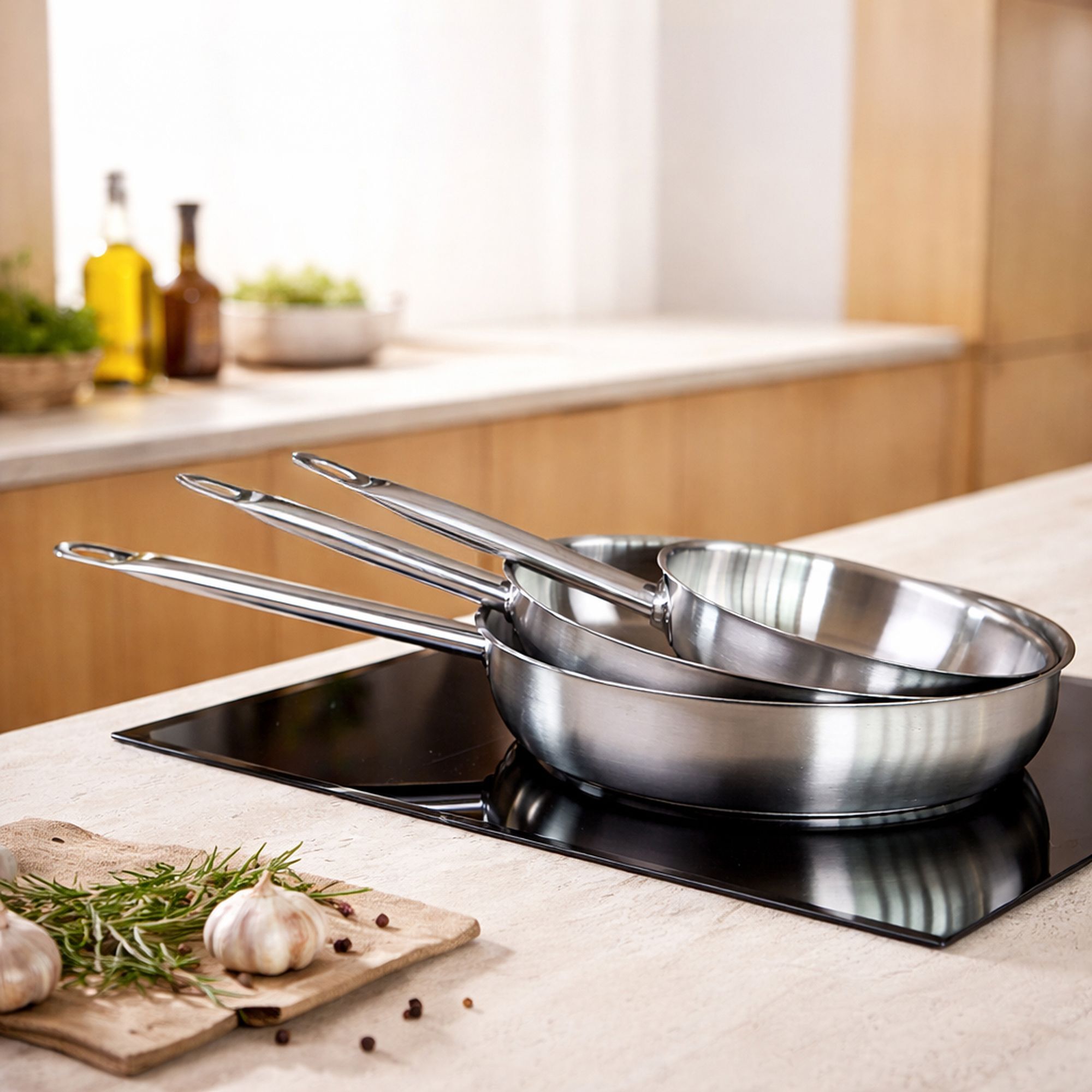 Lot de 3 poêles en acier inoxydable - tous feux PROFESSIONNEL