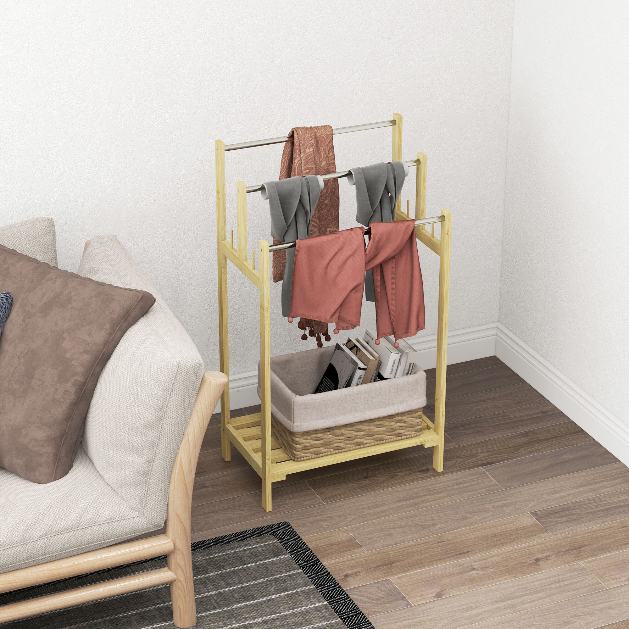 Toallero de Pie de Bambú, Toallero Escalera de Baño con 3 Barras de Acero Inoxidable, Estante Abierto, 4 Ganchos, Estilo Moderno, 50,5x31x90 cm, Natural