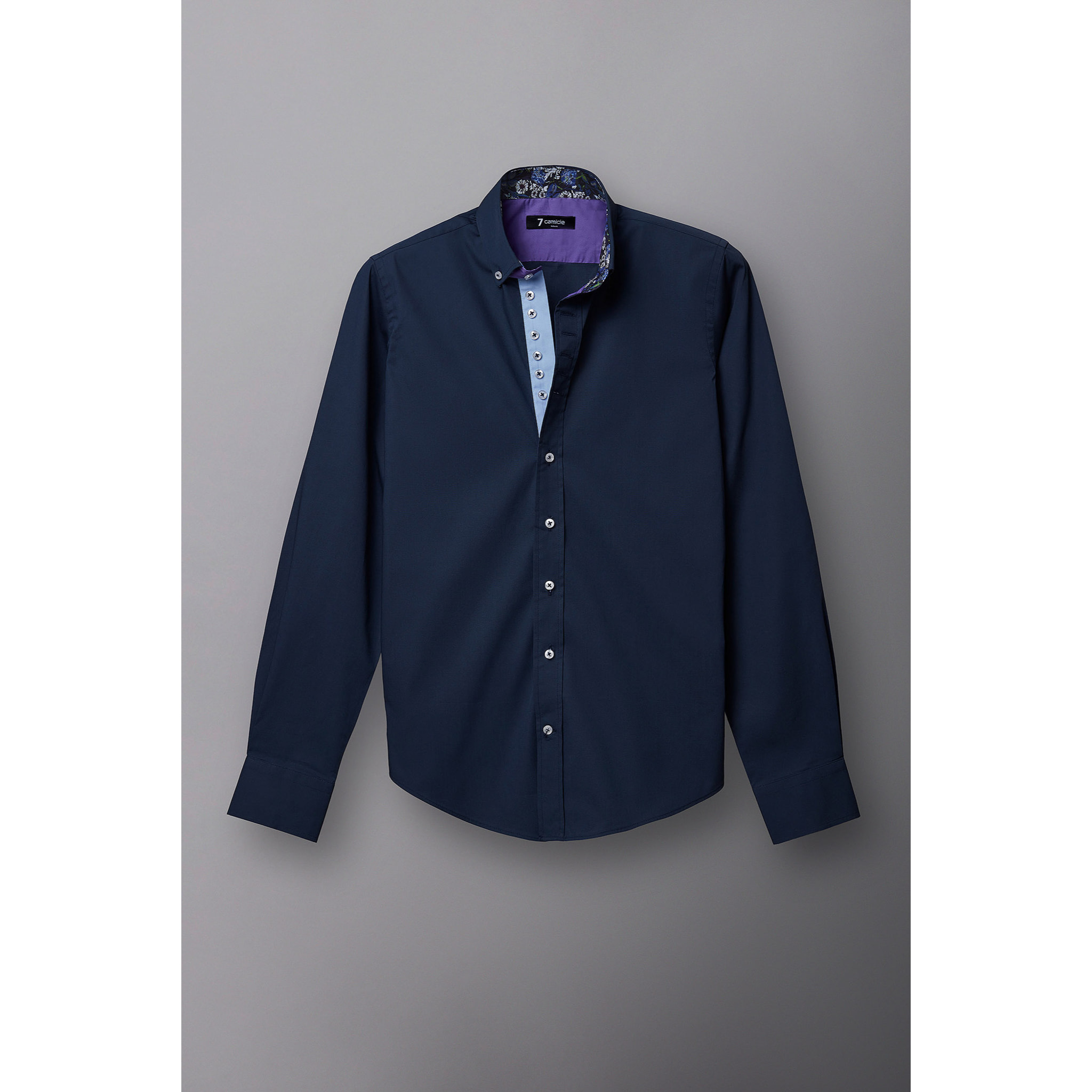 Camicia Uomo 1 Bottoni Button Down Slim Popeline Stretch Unito Blu