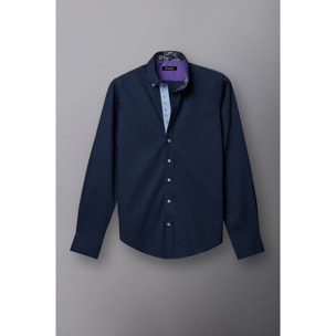 Camicia Uomo 1 Bottoni Button Down Slim Popeline Stretch Unito Blu
