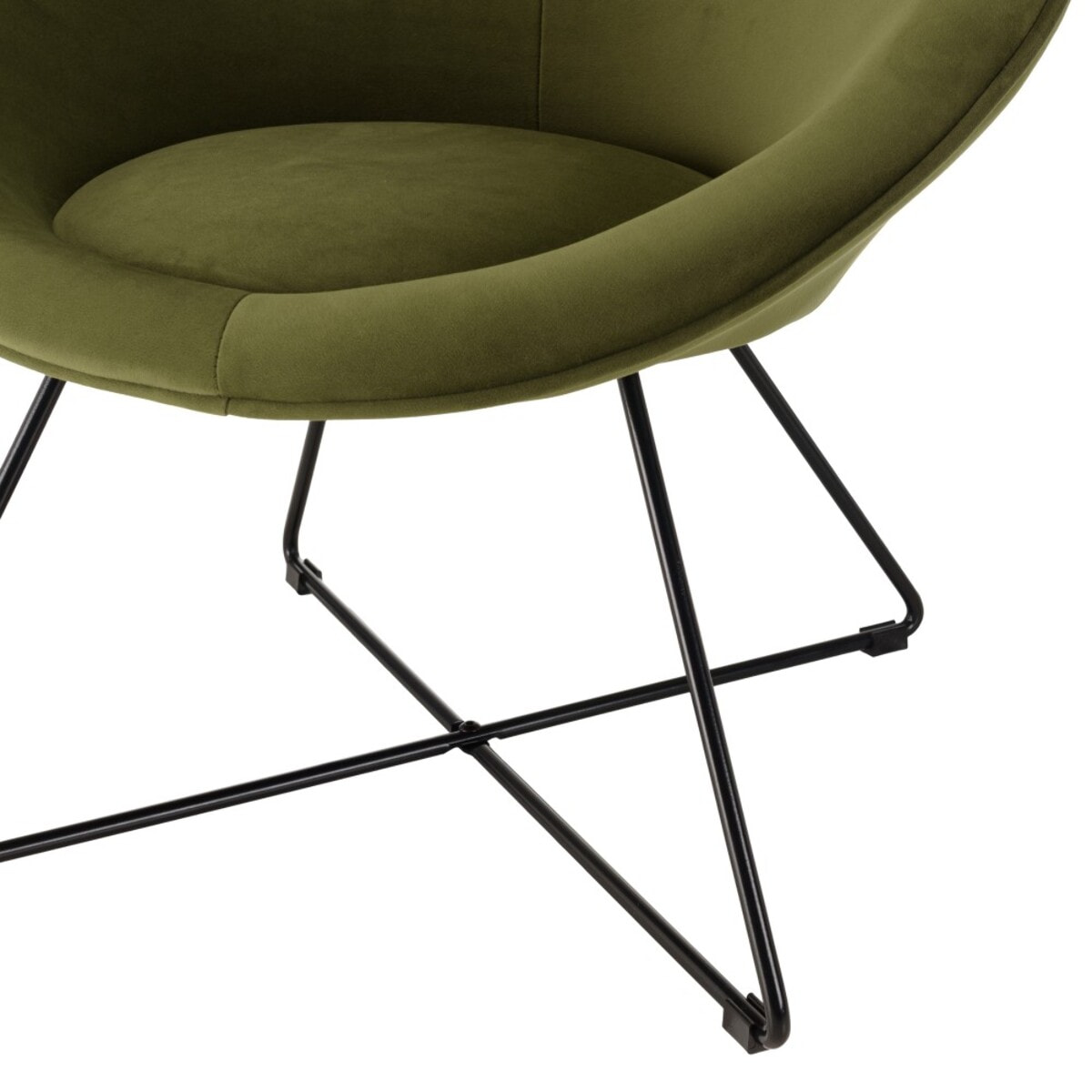 AGATHE - Fauteuil tissu velours vert olive pieds croisés métal noir