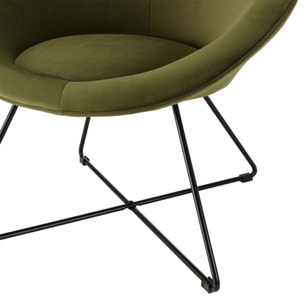 AGATHE - Fauteuil tissu velours vert olive pieds croisés métal noir
