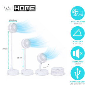 Ventilador USB plegable, Ø16,5cm, 3 velocidades, batería 1200mAh, blanco