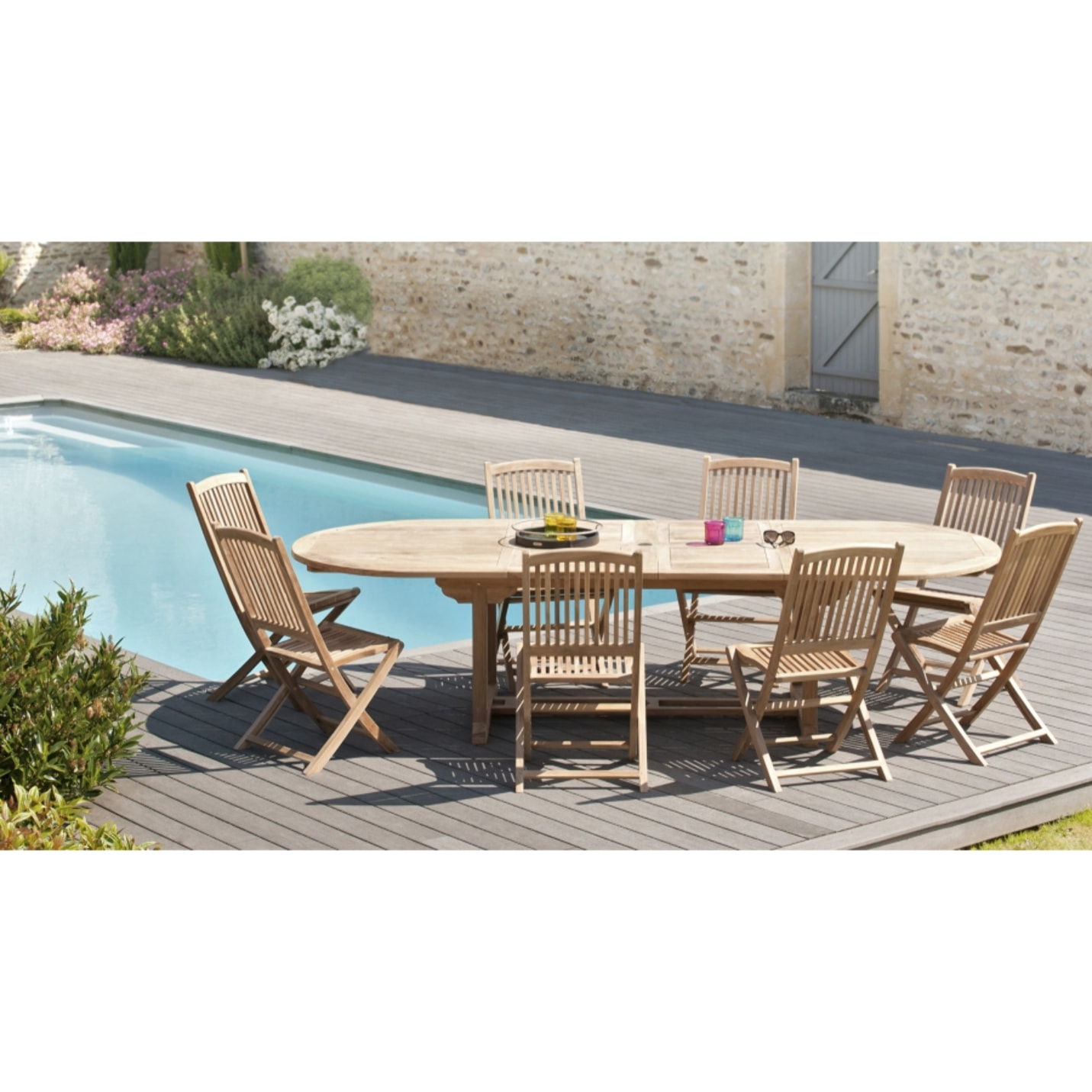 HARRIS - SALON DE JARDIN EN BOIS TECK 10/12 pers : Ensemble de jardin - 1 Table ovale extensible 200*300/120cm et 8 chaises