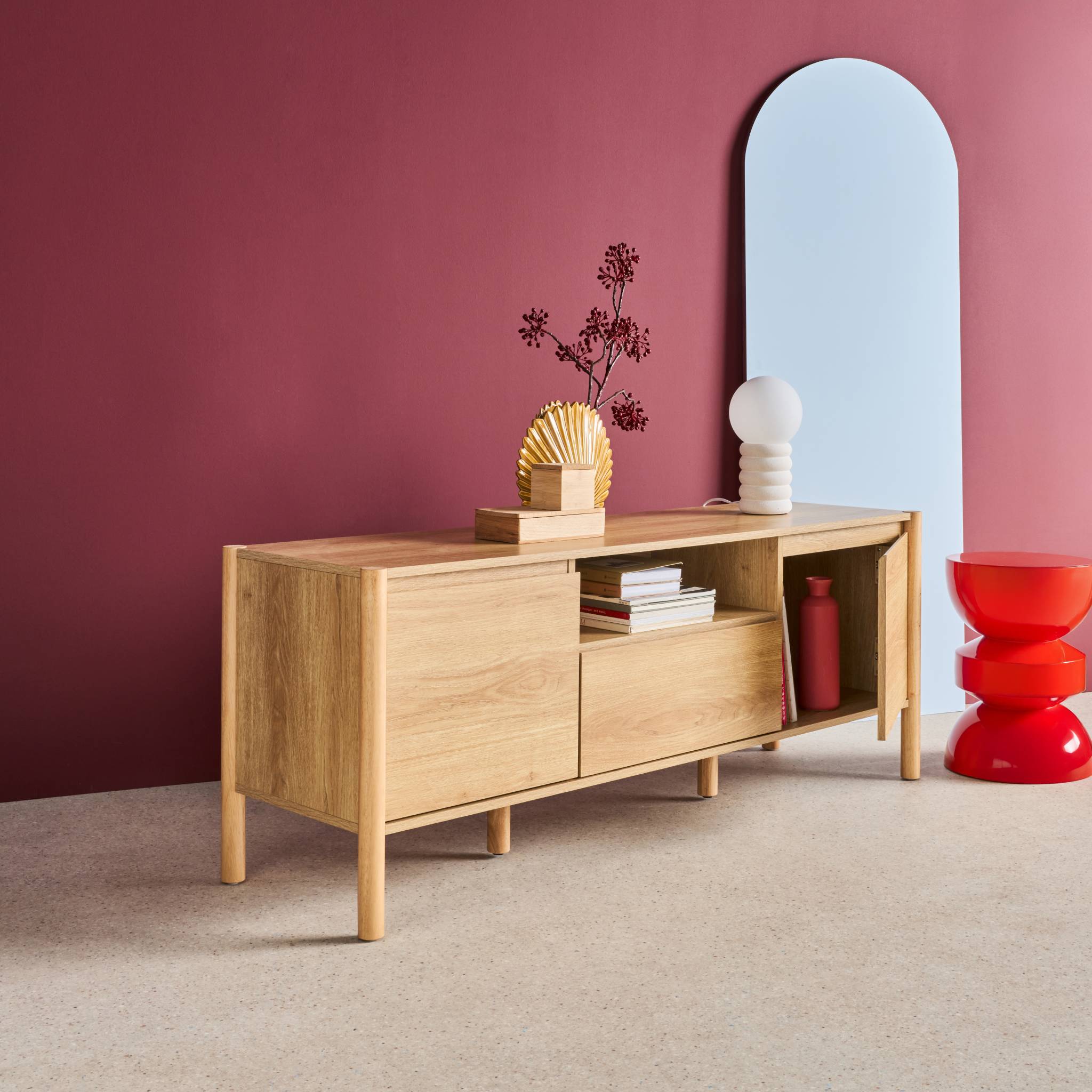 Meuble TV décor bois 2 portes 1 tiroir 140cm naturel - 140 x 42 x 55 cm - Harmony