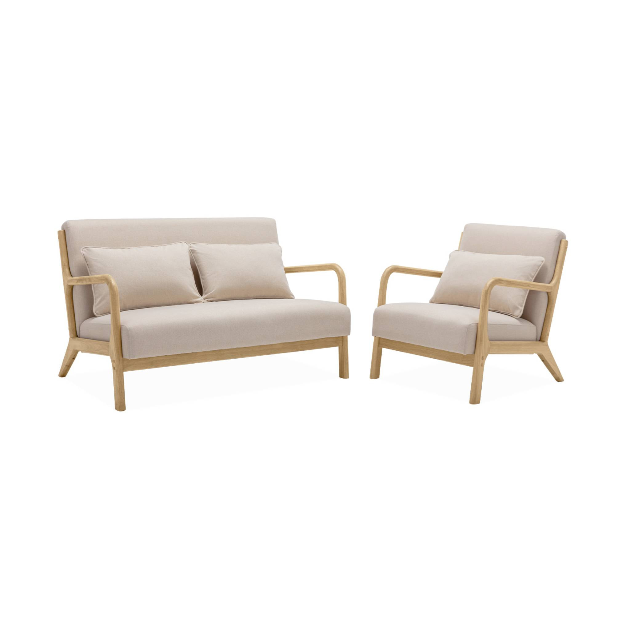 Banquette 2 places scandinave en bois et tissu beige. Lorens. L 124 x P 83 x H 77cm cm