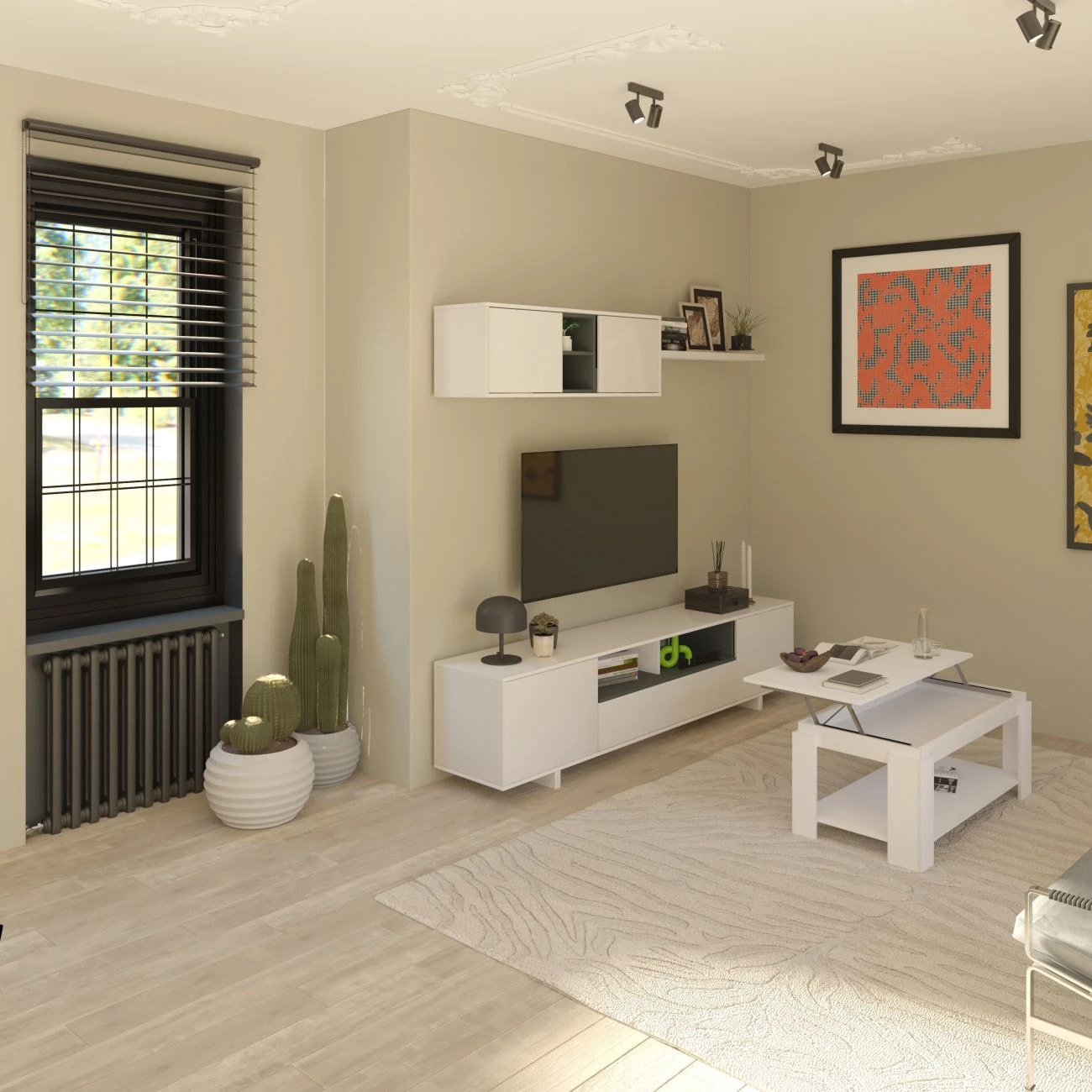 Pack salón con mesa de centro Kenzo Plus V1 Blanco Brillo - Gris Antracita