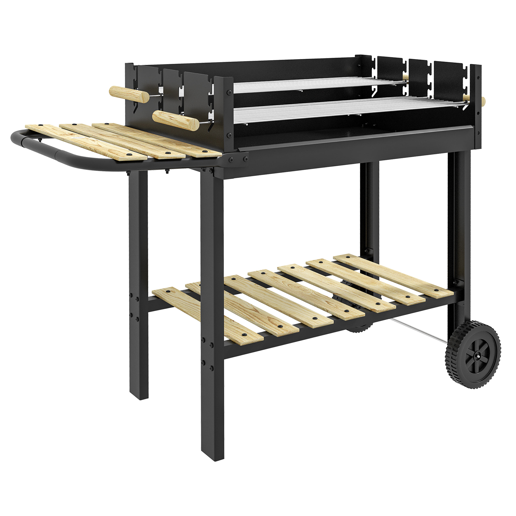 Barbacoa de Carbón, Barbacoa Portátil, 113x53,5x82,5 cm, con 2 Parrillas Alturas Ajustables, Mesa Lateral, Estante y Ruedas, para Jardín o Fiesta al Aire Libre, Negro