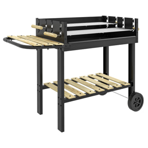 Barbacoa de Carbón, Barbacoa Portátil, 113x53,5x82,5 cm, con 2 Parrillas Alturas Ajustables, Mesa Lateral, Estante y Ruedas, para Jardín o Fiesta al Aire Libre, Negro