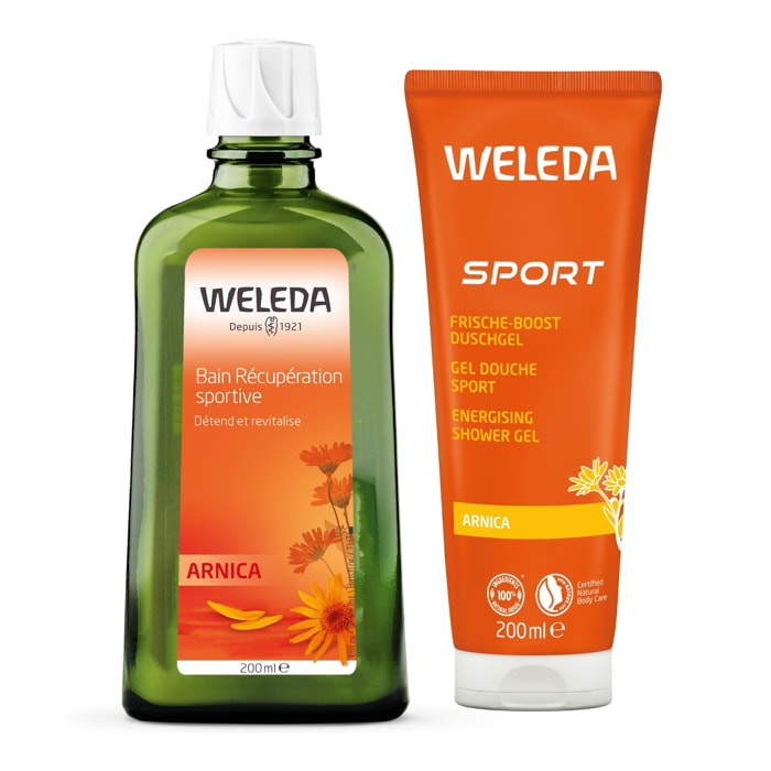 WELEDA - Pack Hygiène - Bain Récupération Sportive Arnica + Gel Douche Sport Arnica - Vegan* - Certifié Natrue** - Flacon en verre 200ml + Tube 200ml