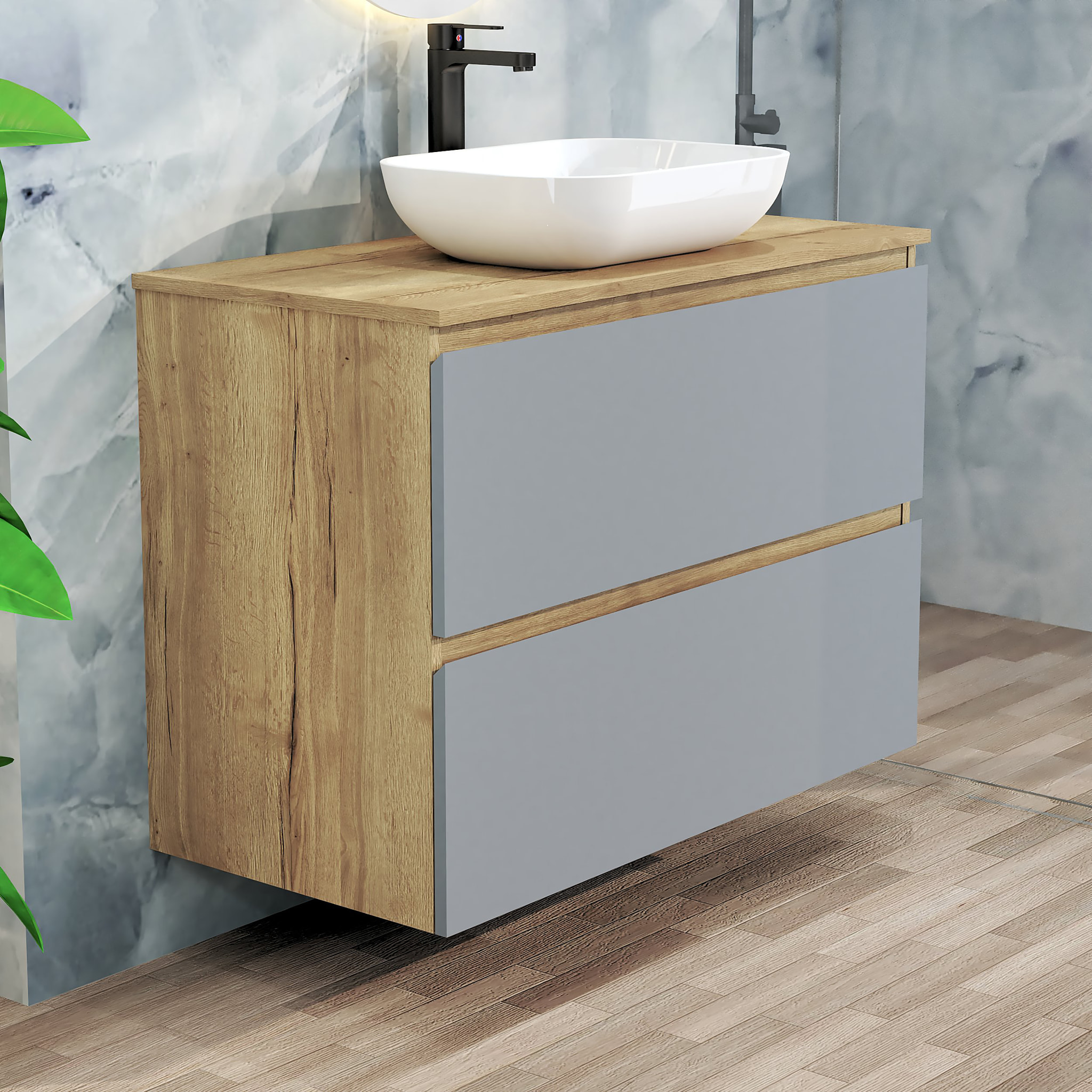 Conjunto de Baño Nia | Mueble Suspendido | 90 cm Azul | Dos Cajones | Lavabo Sobrepuesto | No incluye Espejo | Mueble Montado| Alday