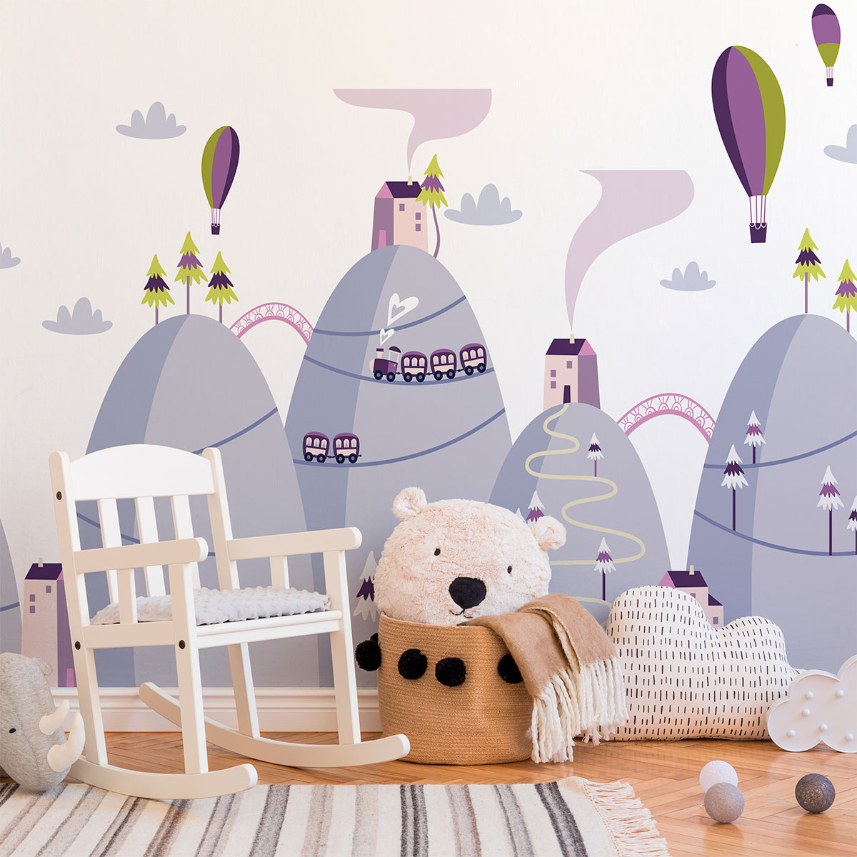 Stickers muraux enfants - Décoration chambre bébé - Autocollant Sticker mural géant enfant montagnes scandinaves MONTGOLFIÈRES LIBRES DANS L'AIR