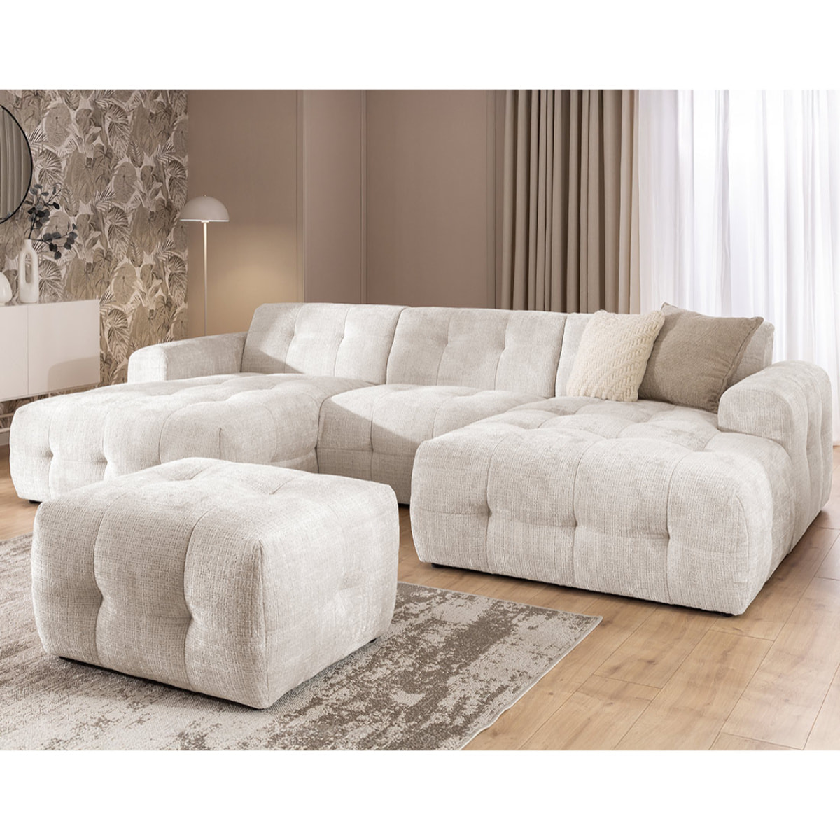 Diane - Canapé panoramique en U 6 places en velours texturé - Beige