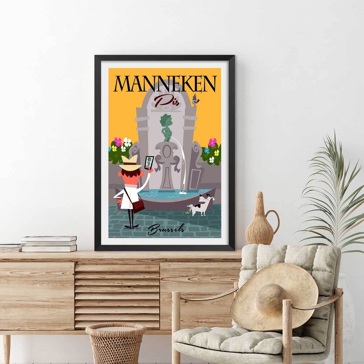 Poster retro manneken pis à bruxelles Affiche + cadre en bois - Noir