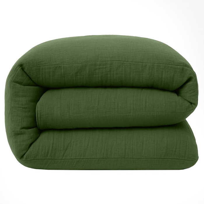 Drap housse gaze de coton lavé vert cèdre