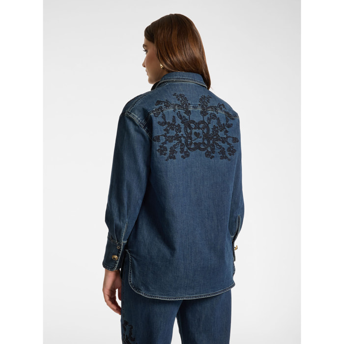 Elena Mirò - Camicia lunga in denim con ricamo - Blu