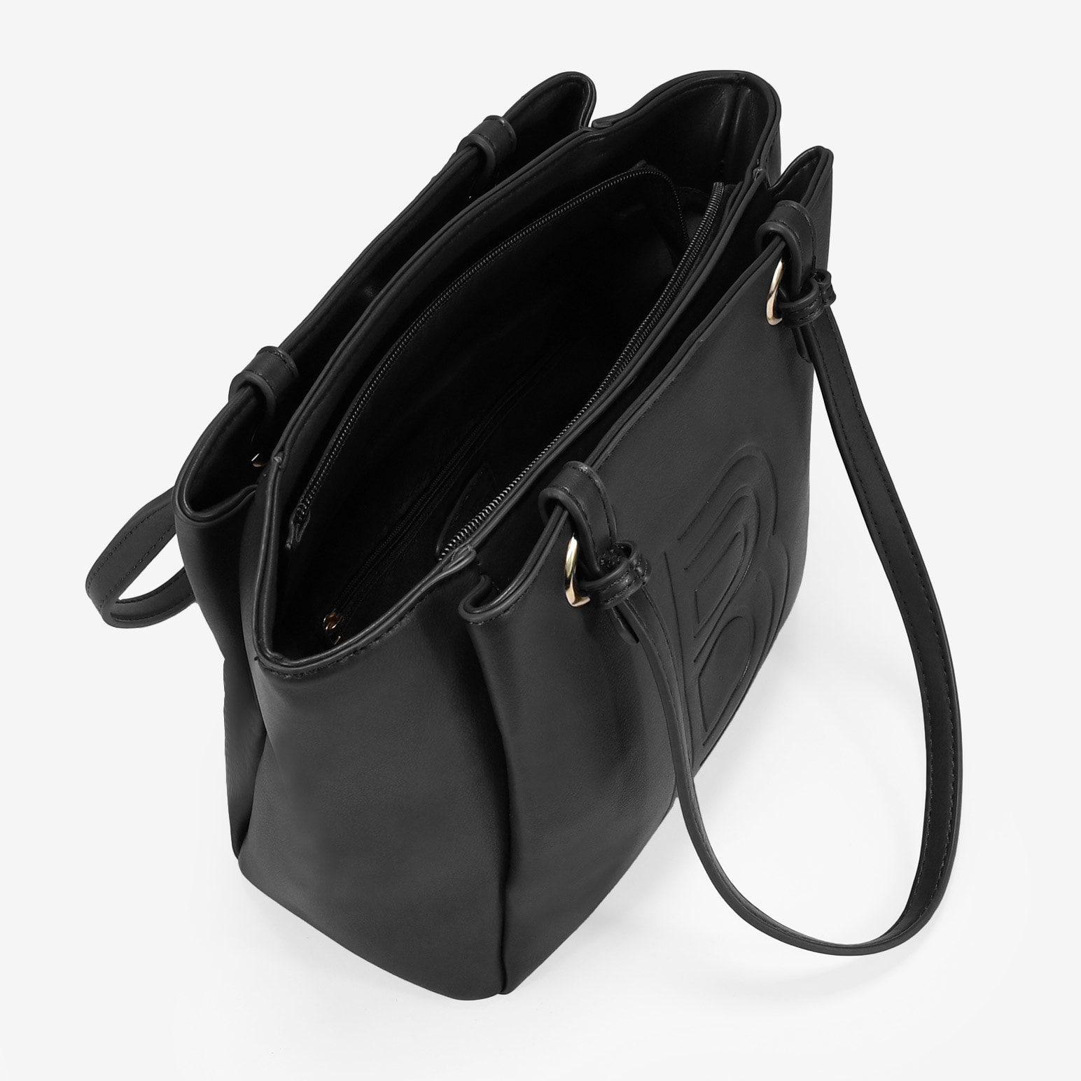 Bolso de hombro negro con tres compartimentos