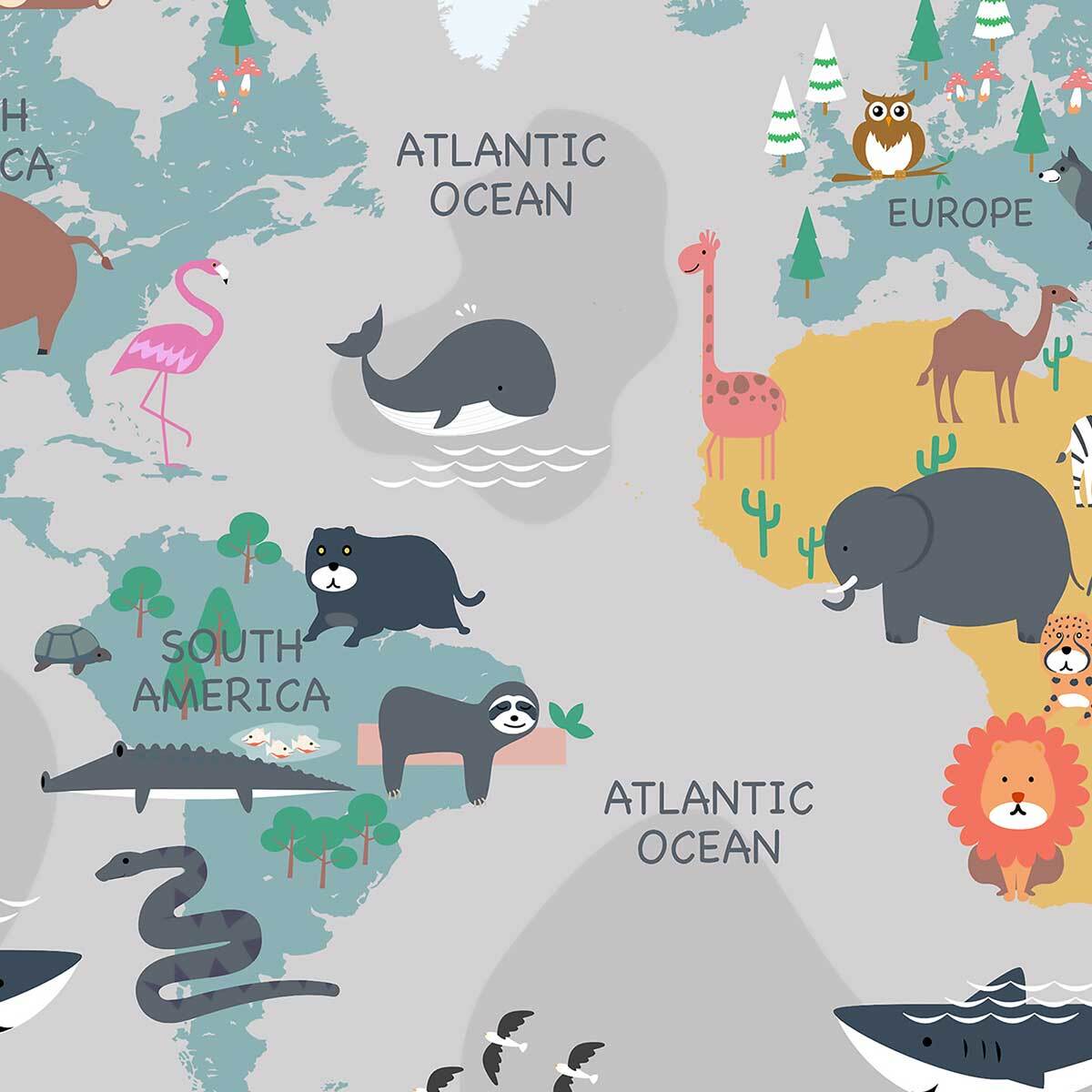 Tableau carte du monde illustrée animaux Toile imprimée