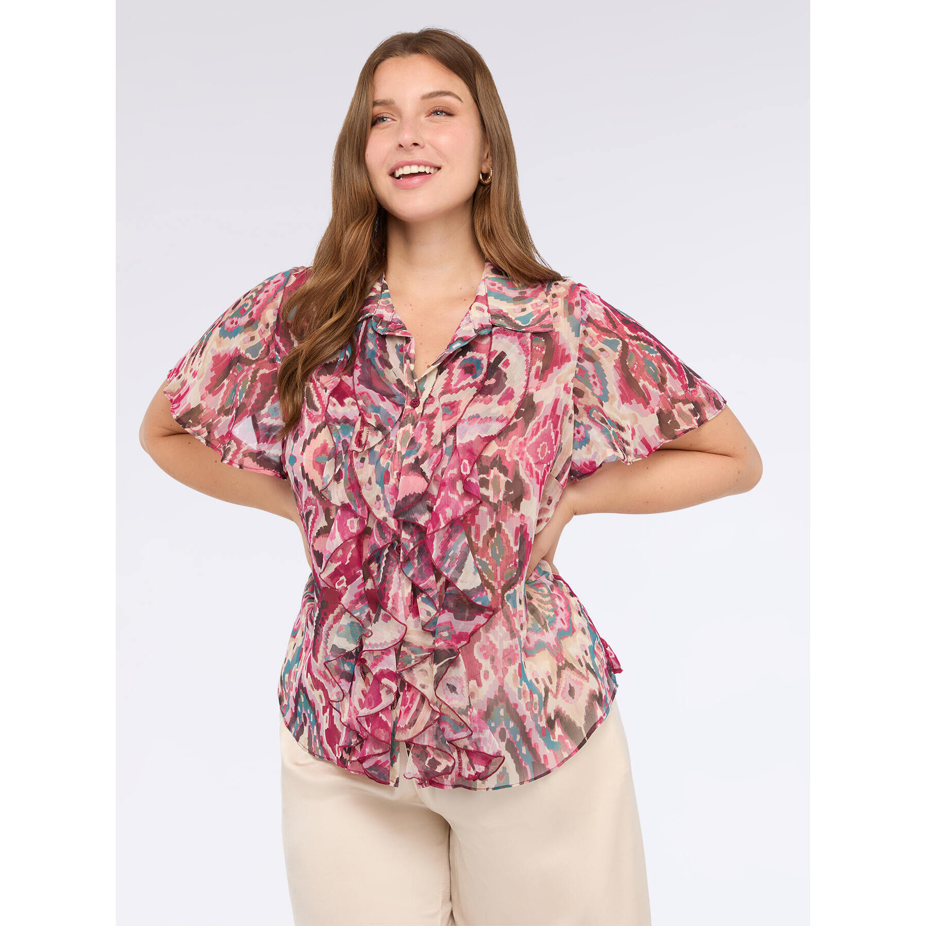 Fiorella Rubino - Blusa de gasa con estampado y volantes - Rosa