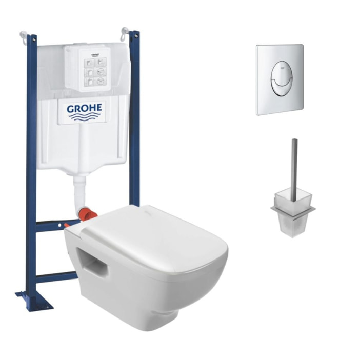 Pack WC suspendu sans bride Struktura + Bati-support GROHE + plaque Start chrome + porte-balai carré