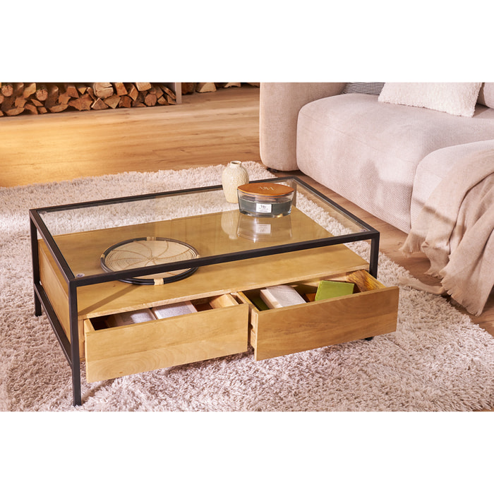 Table basse rectangulaire avec rangements en bois manguier massif, verre et métal noir L100 cm SITA