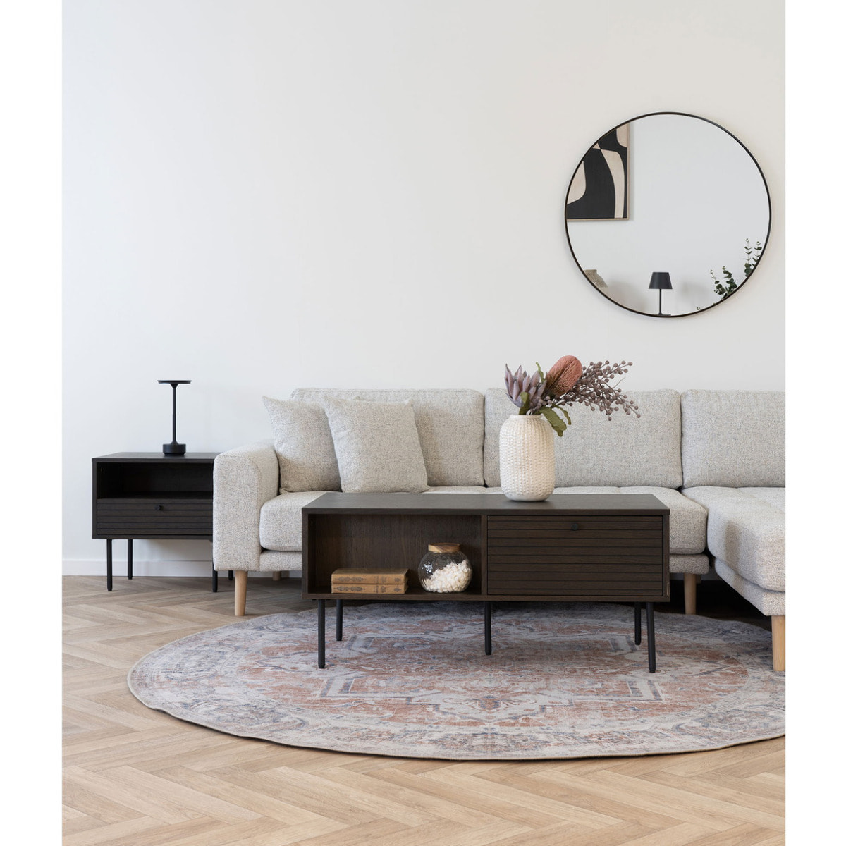Tavolino da Caffè Kyoto Rovere Fumé con 2 Cassetti e Gambe Nere — 100×50×45 cm
