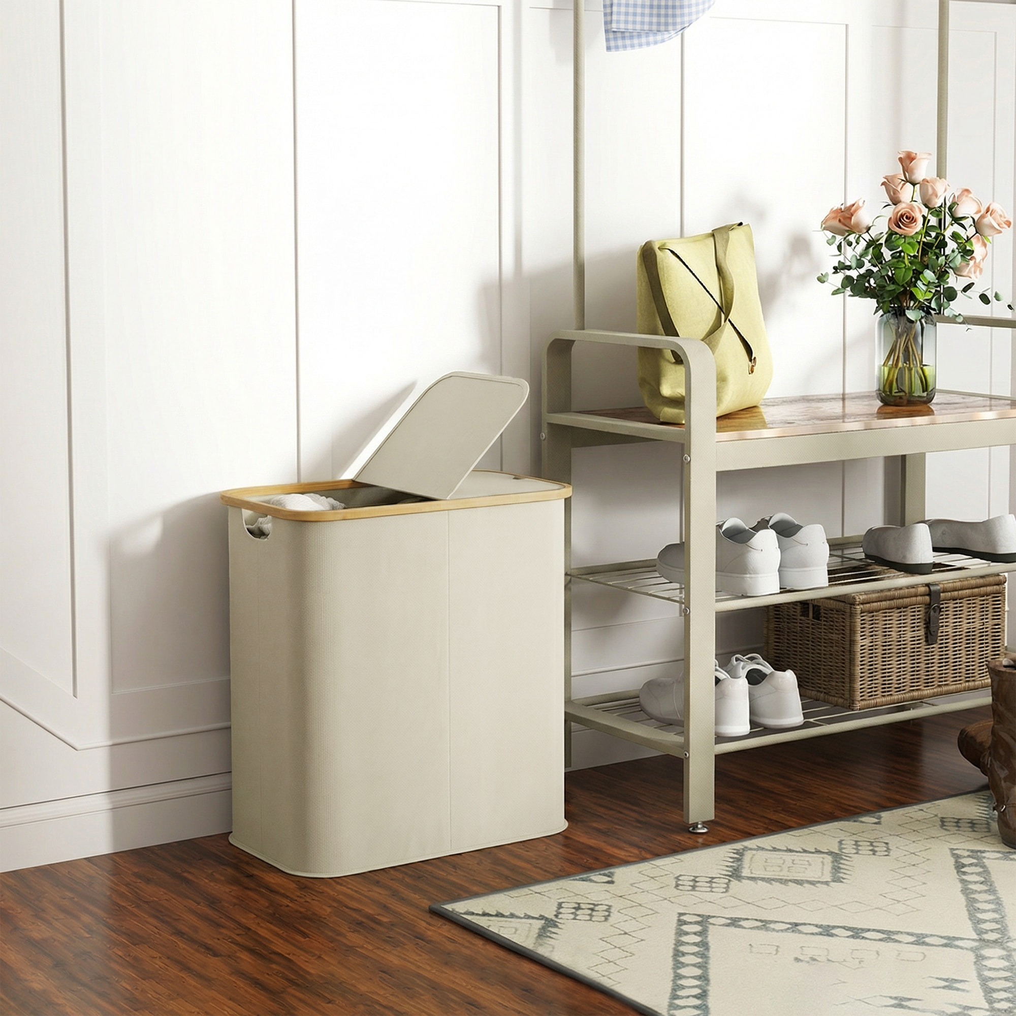 Cesto de Ropa Sucia con Tapa, 80L, Cesta de Ropa Sucia Plegable de Tela no Tejida, Marco de Bambú, con 2 Compartimentos, Asas de Ranura, para Lavandería, 54x34x58,5 cm, Beige