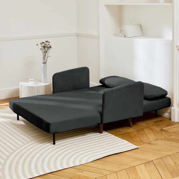 Canapé convertible 2 places scandinave velours côtelé gris foncé - Panam - pieds bois. banquette. dossier inclinable