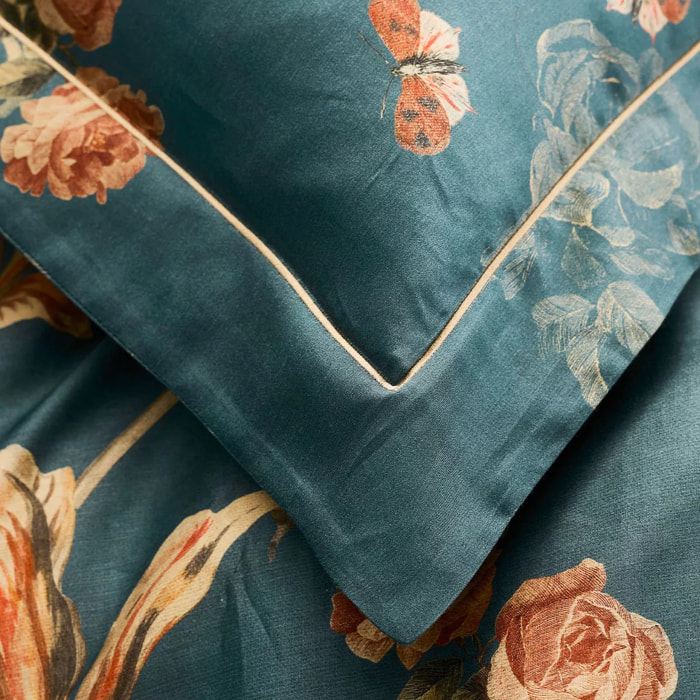 Taie d'oreiller satin de coton 115 g/m² imprimé vert orange Roses d'automne vert anglais