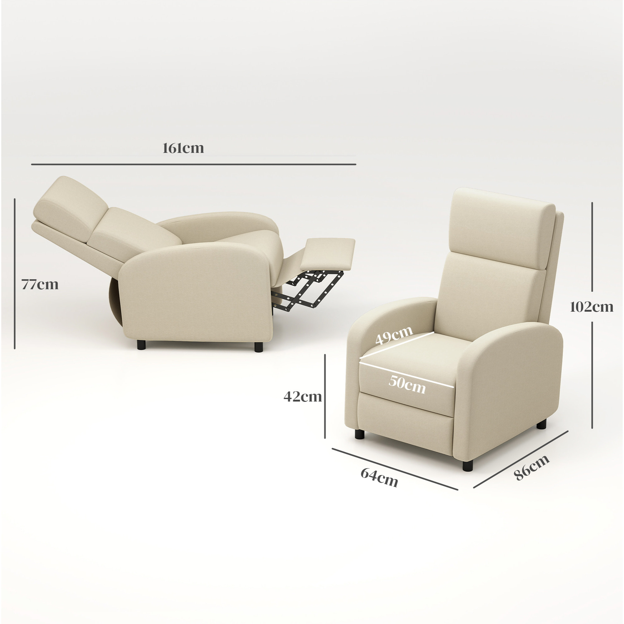 Sillón Relax Reclinable Manual Sillón Relax Tapizado en Lino Sintético con Reposapiés Respaldo Alto Carga 120 kg Butaca Reclinable para Dormitorio Oficina Crema