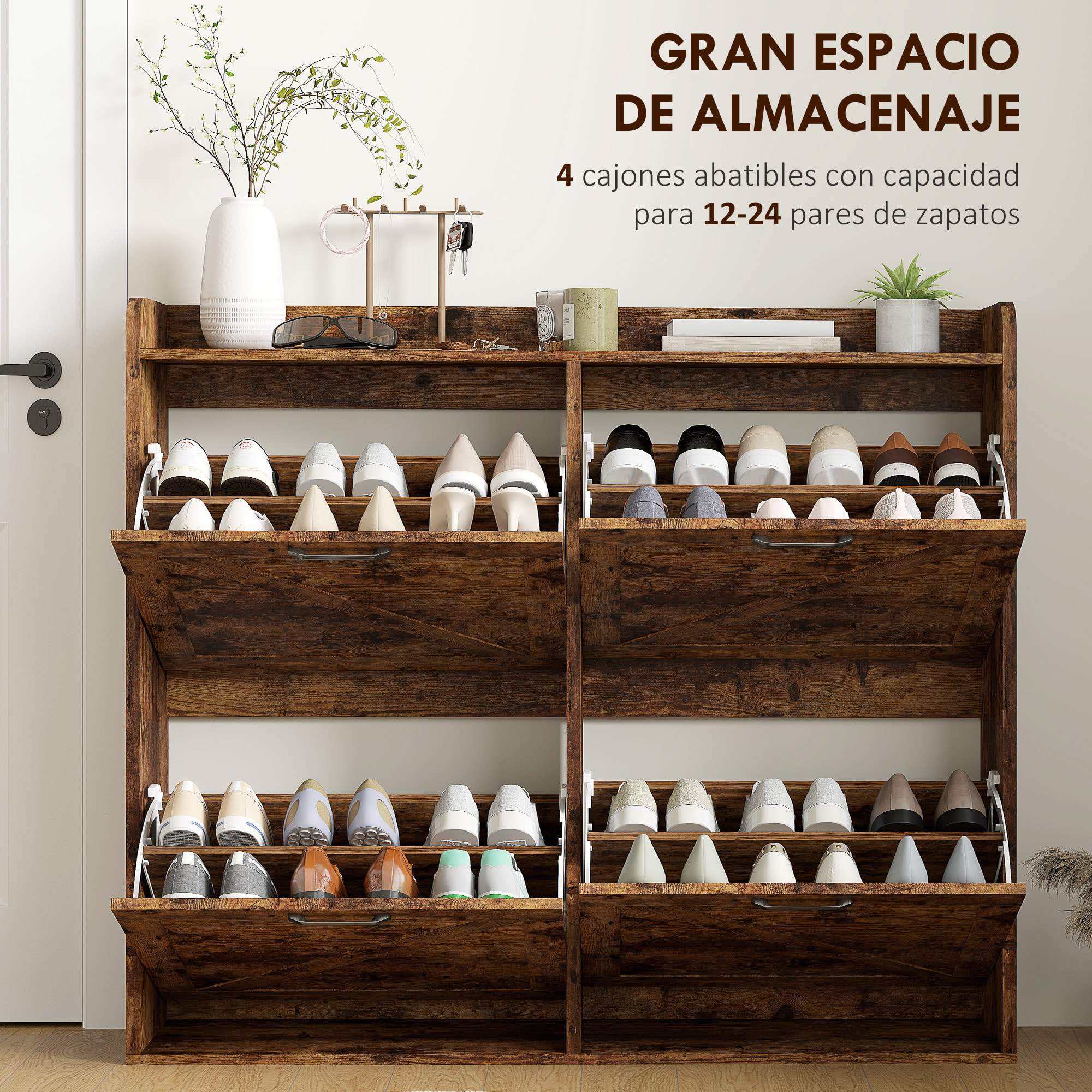 Mueble Zapatero de 4 Puertas Zapatero Estrecho con Estantes Ajustables Estilo Industrial para 24 Pares de Zapatos Mueble Auxiliar para Recibidor Entrada 120x24x103 cm Marrón Rústico