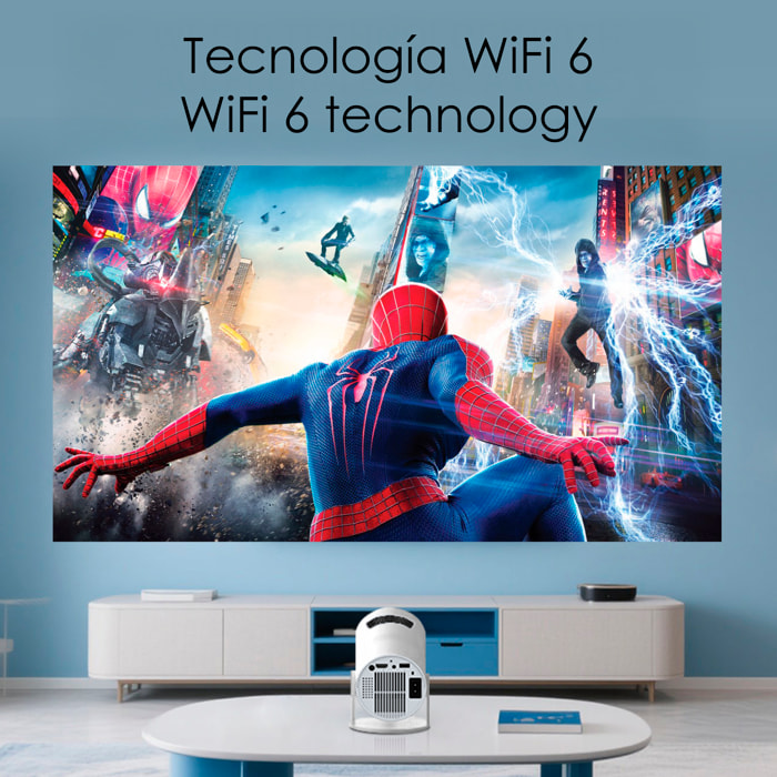 Proiettore LCD HY300 supporto 4K UHD, colore DCI-P3 98%, WiFi 6 e anti-riflesso. Da 30 a 300 pollici, 120 lm, 200000:1. Con telecomando.