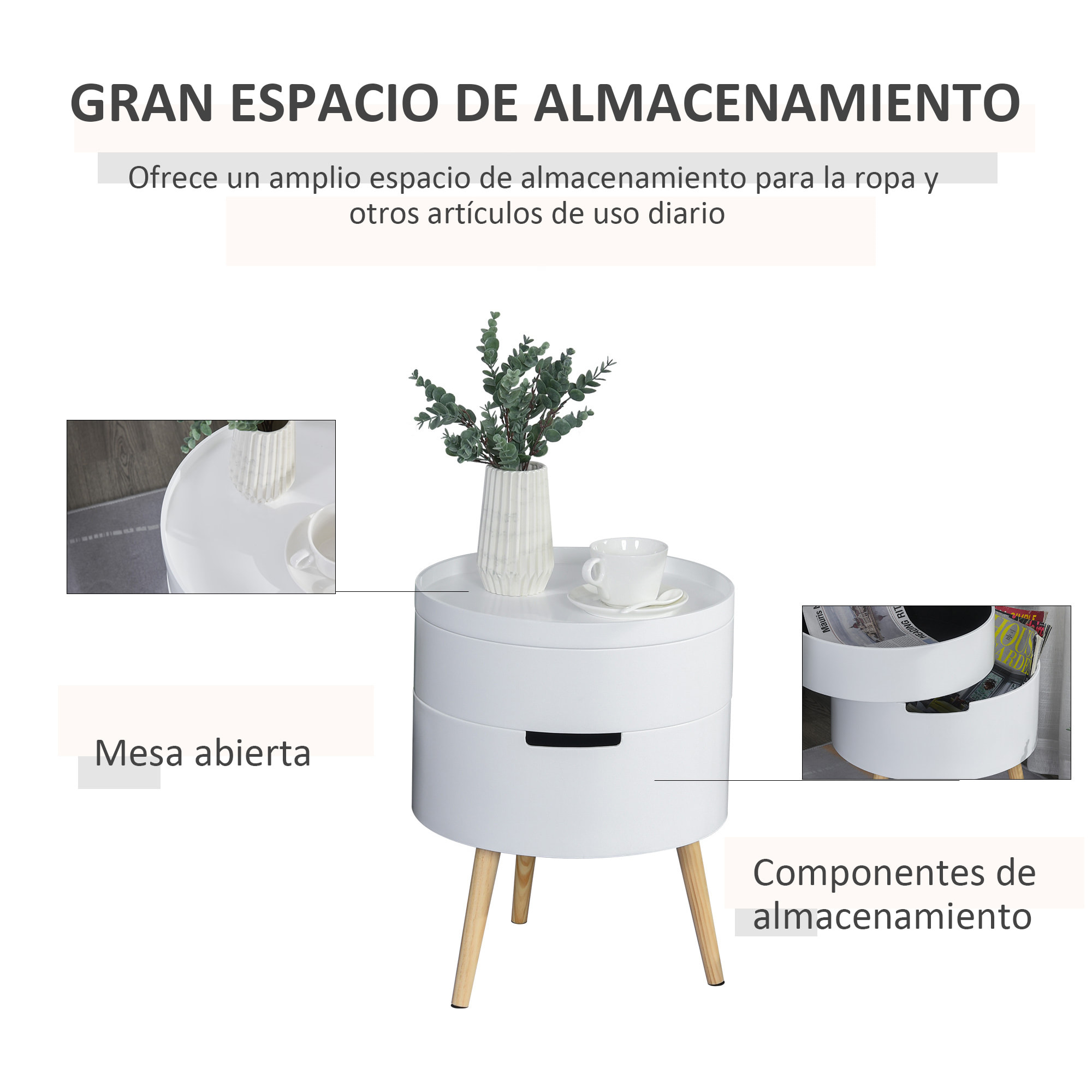 Mesa Auxiliar de Salón Moderna Mesita de Noche con Tapa Extraíble 2 Espacios de Almacenamiento y Patas de Madera para Dormitorio Sofá Esquina Ø38x48,3 cm