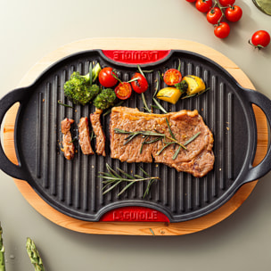 Grill ovale en fonte rouge   avec support en bois