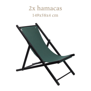 Set de 2 hamacas de madera de haya plegable sin brazos color estructura color wengué y lona color verde oscuro