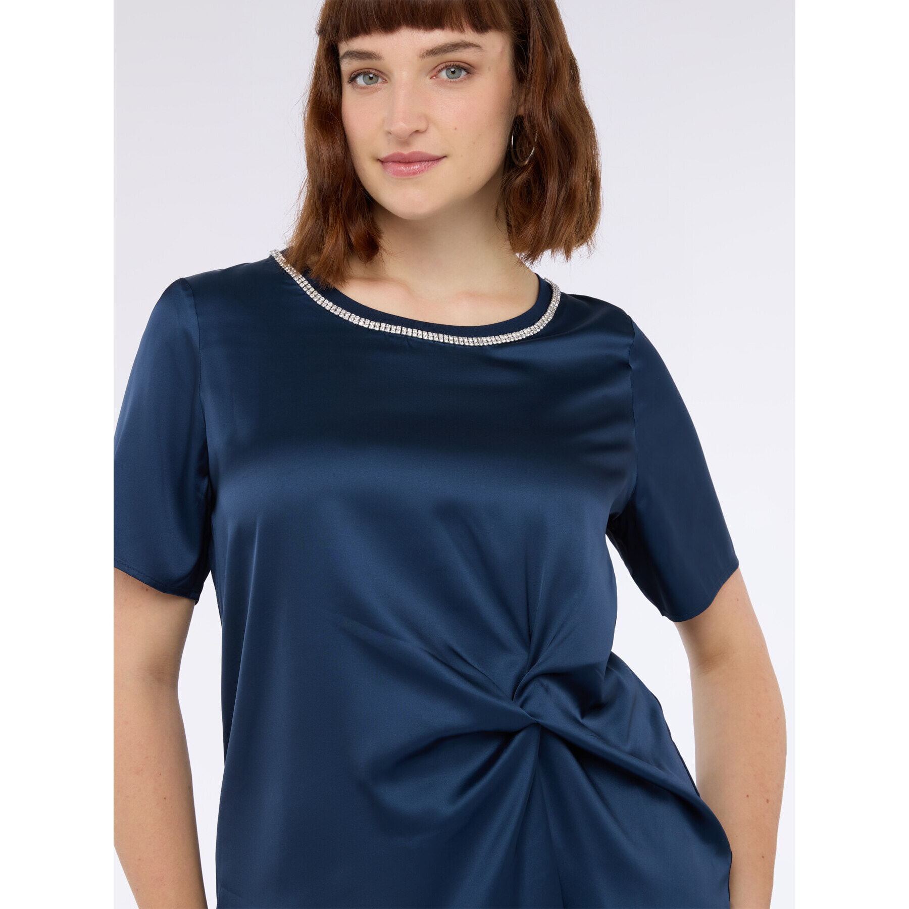 Fiorella Rubino - Camiseta bimaterial con drapeado y strass - Azul