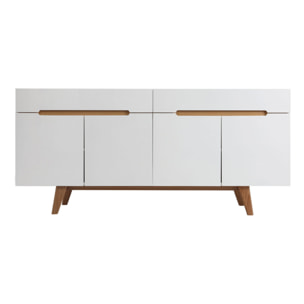 Buffet scandinave blanc laqué brillant et finition bois clair 4 portes 2 tiroirs L180 cm MELKA