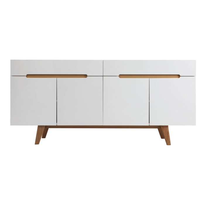Buffet scandinave blanc laqué brillant et finition bois clair 4 portes 2 tiroirs L180 cm MELKA