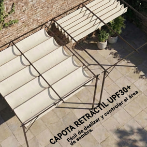 Pérgola de Pared de Jardín 3x3 m, Cenador de Jardín con Techo Retráctil, Protección UPF30+, Orificios de Drenaje y Estructura Metálica, Pabellón para Patio, Terraza, Exterior, Blanco Crema