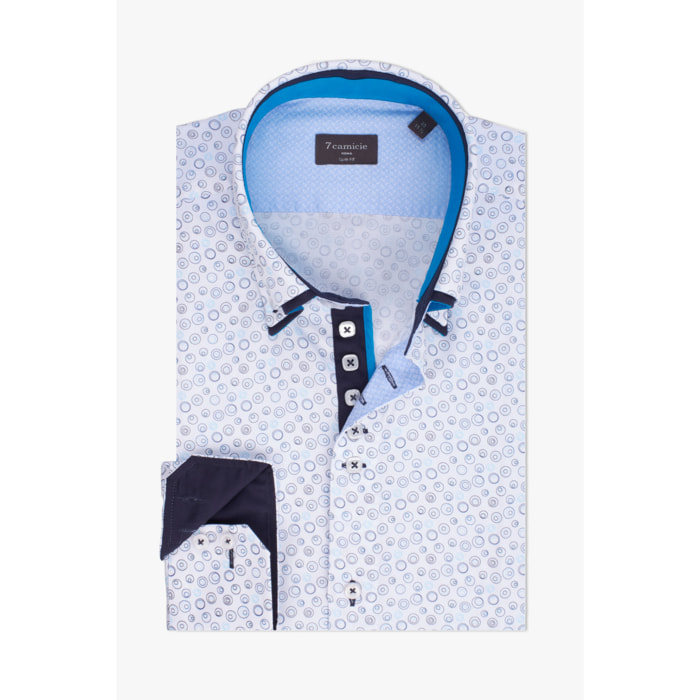 Camicia Uomo 2 Bottoni Button Down 7bottoni Doppio Coll Armaturato Stampato Bianco/Celeste