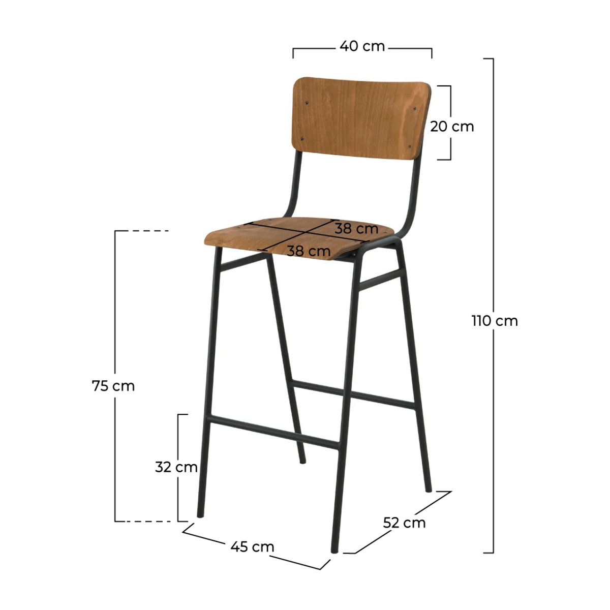 Lot de 2 chaises de bar 75 cm en bois - Clem